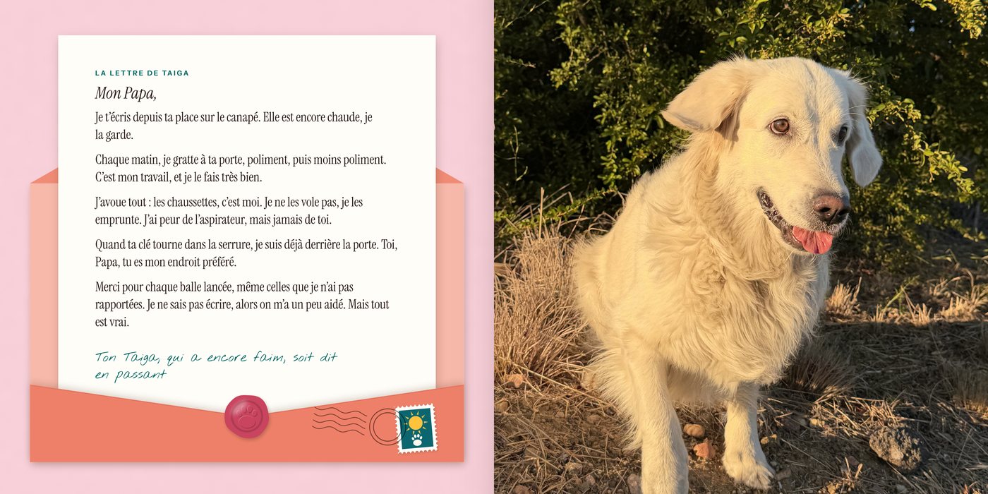 La double page 28 et 29 du livre de Taiga : sa lettre, et sa photo